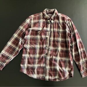 Eddie Bauer Women's Plaid Button Down Shirt - Maroon and Cream